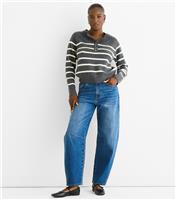 Women's Grey Striped Button Jumper Gini London New Look