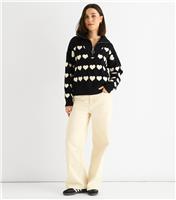 Women's Black Heart Pattern Zip Up Loose Fit Knitted Jumper Gini London New Look
