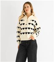 Women's Cream Heart Pattern Zip Up Loose Fit Knitted Jumper Gini London New Look