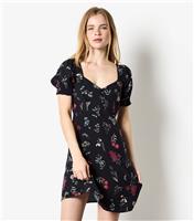 Women's Black Floral Print Mini Tea Dress Apricot New Look
