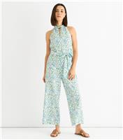 Women's Petite Blue Halter Neck Printed Jumpsuit Gini London New Look