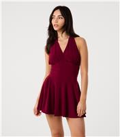 Women's Burgundy Slinky Halterneck Mini Dress Pink Vanilla New Look