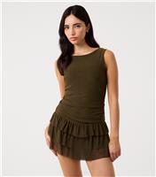 Women's Dark Khaki Sleeveless Tiered Ruffle Mini Dress Pink Vanilla New Look