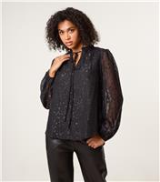 Women's Black Sheer Patterned Tie Neck Blouse Blue Vanilla New Look