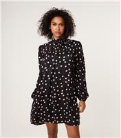 Women's Black Polka Dot Tie Neck Mini Dress Blue Vanilla New Look