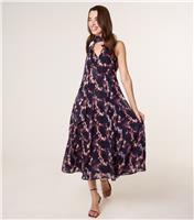 Women's Navy Textured Floral Print V-Neck Midi Dress Blue Vanilla New Look