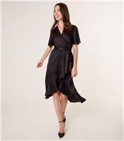 Women's Black Satin Frilly Trim Wrap Midi Dress Blue Vanilla New Look