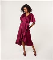 Women's Light Burgundy Satin Frill Midi Dress Blue Vanilla New Look