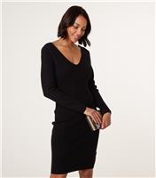 Women's Black Knit Bow Back V-Neck Dress Blue Vanilla New Look