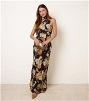 Women's Black Floral Halter Neck Maxi Dress Blue Vanilla New Look