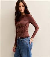 Women's Dark Brown Slash Neck Ruched Long Sleeve Top New Look