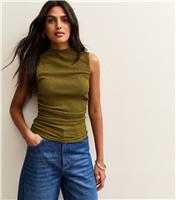 Women's Green Textured Jersey Ruched Tank Top New Look