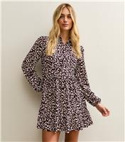 Women's Burgundy Animal Print Long Sleeve Shirt Mini Dress New Look