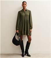 Women's Dark Khaki Crinkled Mini Shirt Dress New Look
