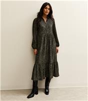 Women's Green Animal Print Buttoned Long Sleeve Midi Dress New Look