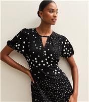 Women's Black Crinkled Polka Dot Keyhole Midi Dress New Look