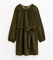 Women's Green Polka Dot Print Belted Mini Dress New Look