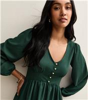 Women's Dark Green Crinkled Jersey Long Sleeve Mini Dress New Look