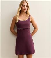Women's Dark Burgundy Diamante Trim Scoop Neck Mini Dress New Look