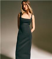 Women's Black Faux Pearl Embellished Square Neck Midi Dress New Look