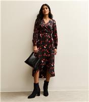 Women's Black Floral Satin Wrap Midi Dress New Look