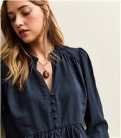 Women's Navy Button Up Peplum Tea Blouse New Look