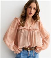 Women's Pink Sheer Lace Bib Crinkle Texture Blouse New Look