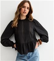 Women's Black Lace Insert Frill Neck Blouse New Look