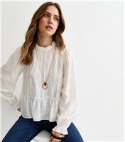 Women's White Lace Insert Frill Neck Blouse New Look