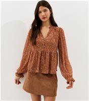 Women's Brown Paisley Chiffon Buttoned Peplum Blouse New Look