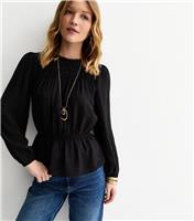 Women's Black Shirred Crew Neck Blouse New Look