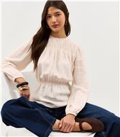 Women's Off White Shirred Crew Neck Blouse New Look