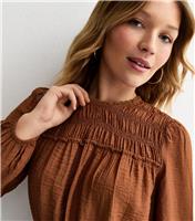 Women's Dark Brown Shirred Crew Neck Blouse New Look