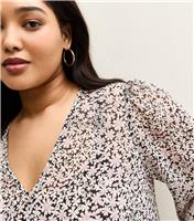 Women's Plus Size Light Pink Daisy V- Neck Sheer Chiffon Tea Blouse Curves New Look