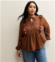 Women's Plus Size Rust Ruffled Tie Neck Blouse Curves New Look