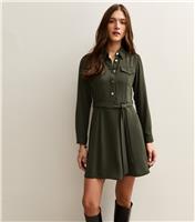 Women's Dark Khaki Belted Shirt Dress New Look