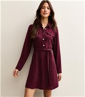 Women's Dark Burgundy Belted Shirt Dress New Look