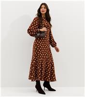 Women's Brown Polka Dot Godet Midi Dress New Look