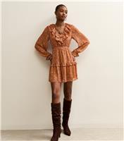 Women's Orange Chiffon Ruffle Paisley Pattern Mini Dress New Look