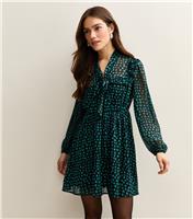 Women's Petite Blue Spotty Pussybow Mini Dress New Look