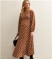 Women's Maternity Brown Polka Dot Godet Midi Dress New Look