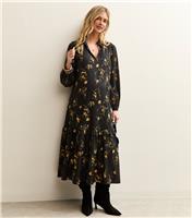 Women's Maternity Black Botanical Crepe Smock Midi Dress New Look