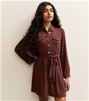 Women's Petite Brown Shirt Mini Dress New Look