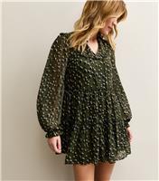 Women's Dark Green Chiffon Ruffle Abstract Pattern Mini Dress New Look