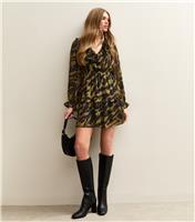 Women's Khaki Animal Print Chiffon Ruffle Mini Dress New Look