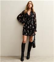 Women's Black Floral Chiffon Mini Dress New Look