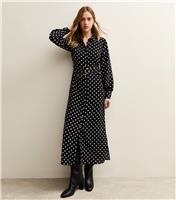 Women's Black Polka Dot Buckle Shirt Midi Dress New Look