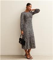Women's Brown Crepe Long Sleeve Animal Print Midi Dress New Look