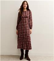 Women's Red Crepe Check Pattern Floral Print Midi Dress New Look