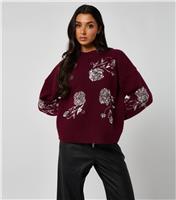 Women's Dark Burgundy Floral Sequin Embroidered Jumper Urban Bliss New Look